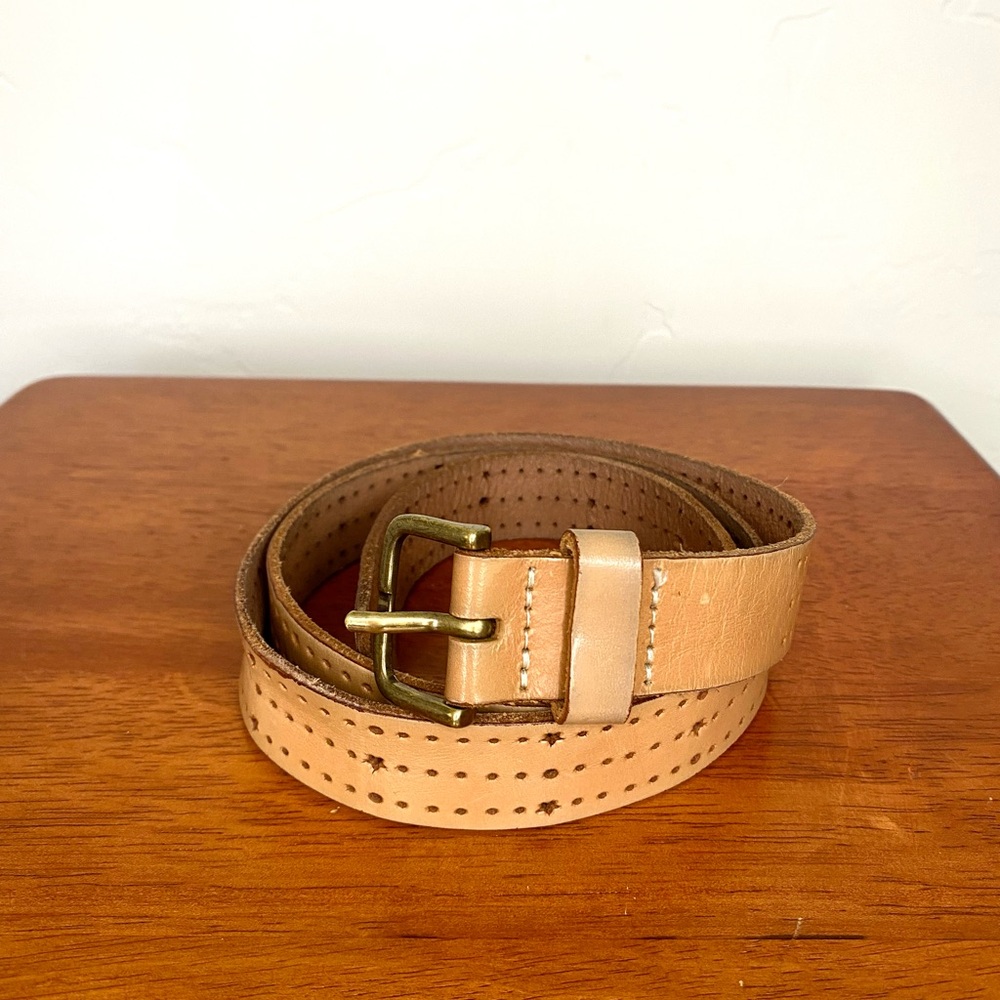 Small Stars Genuine Tan Leather 1" Large Women's Belt Gold Toned Buckle y2k
